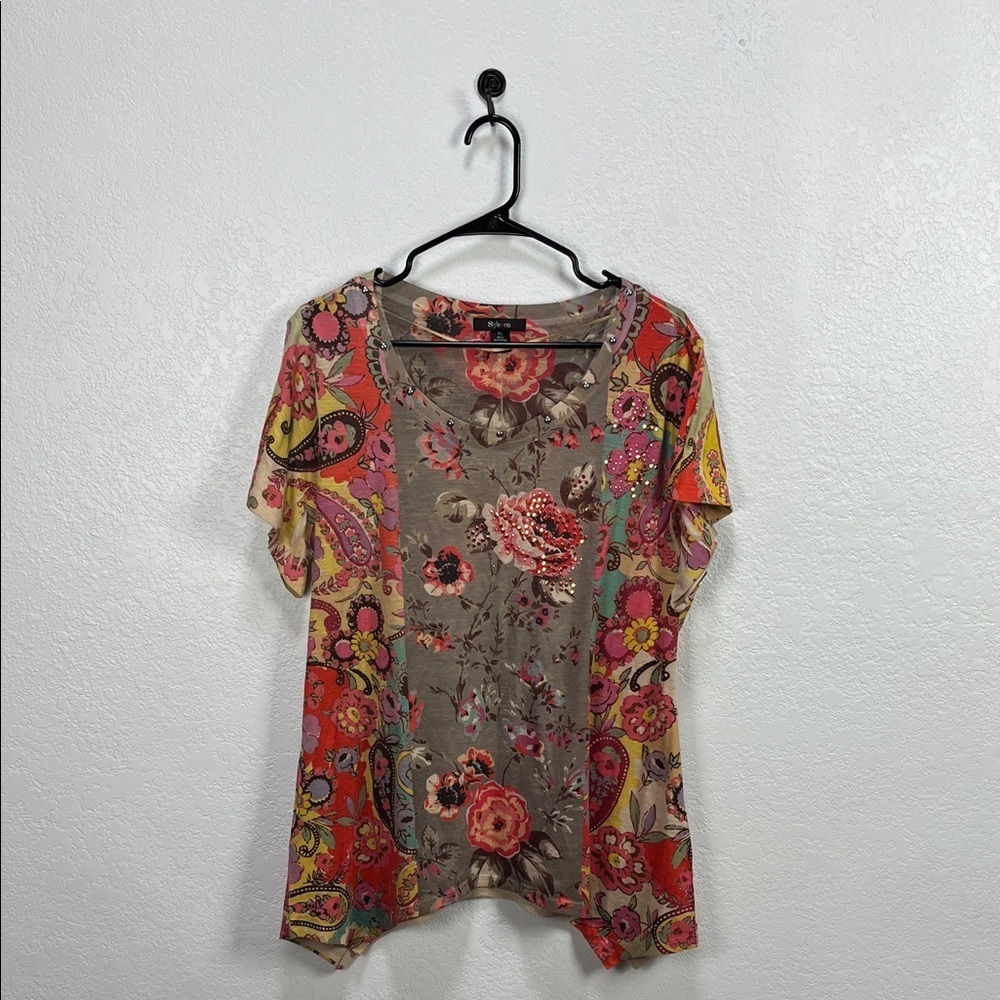 Style & Co. Multicolor Floral & Paisley Short Sleeve Blouse